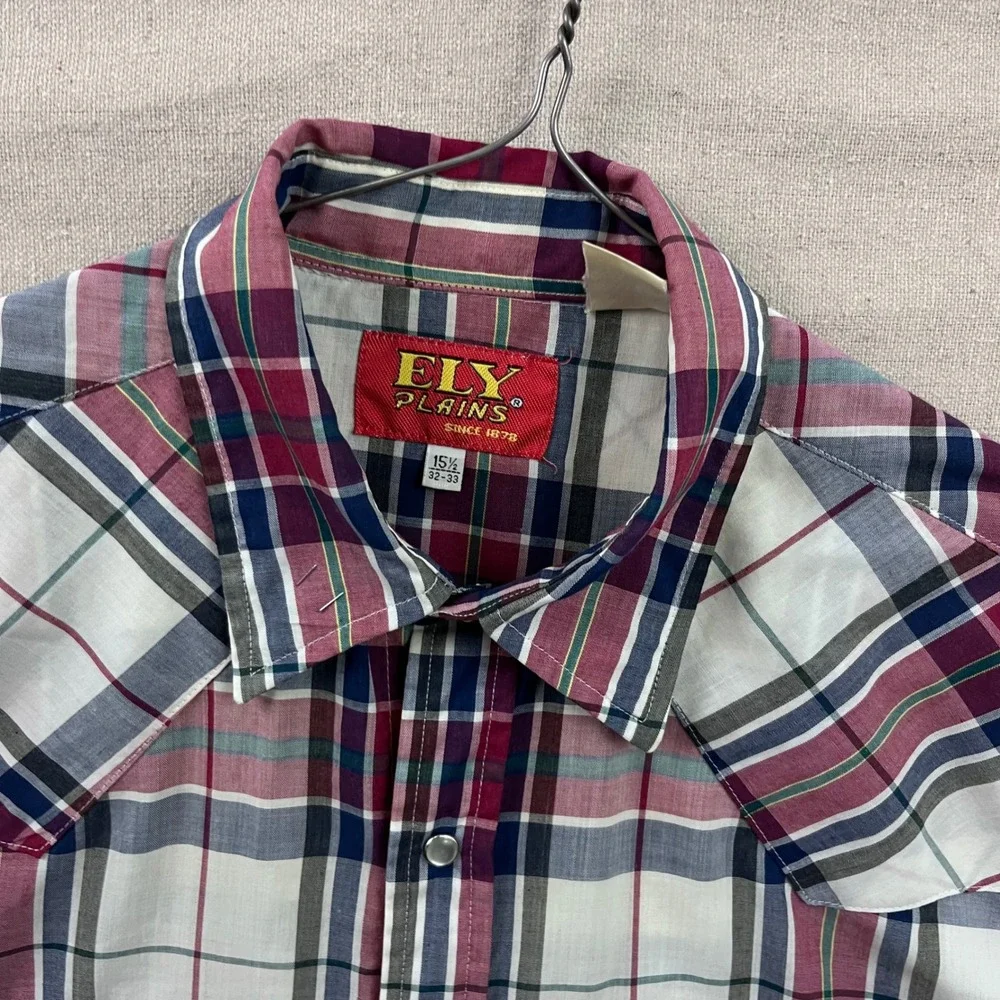 Ely Plains Western Shirt Mens 15.5 32-33 Multicolor Plaid Pearl Snap Long Sleeve